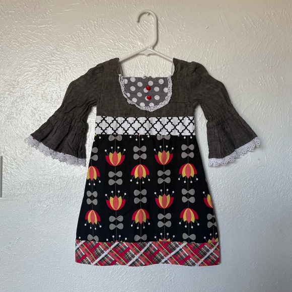 Owls & Bats Other - Charming Kids bell sleeve Dress with Floral and Plaid Design